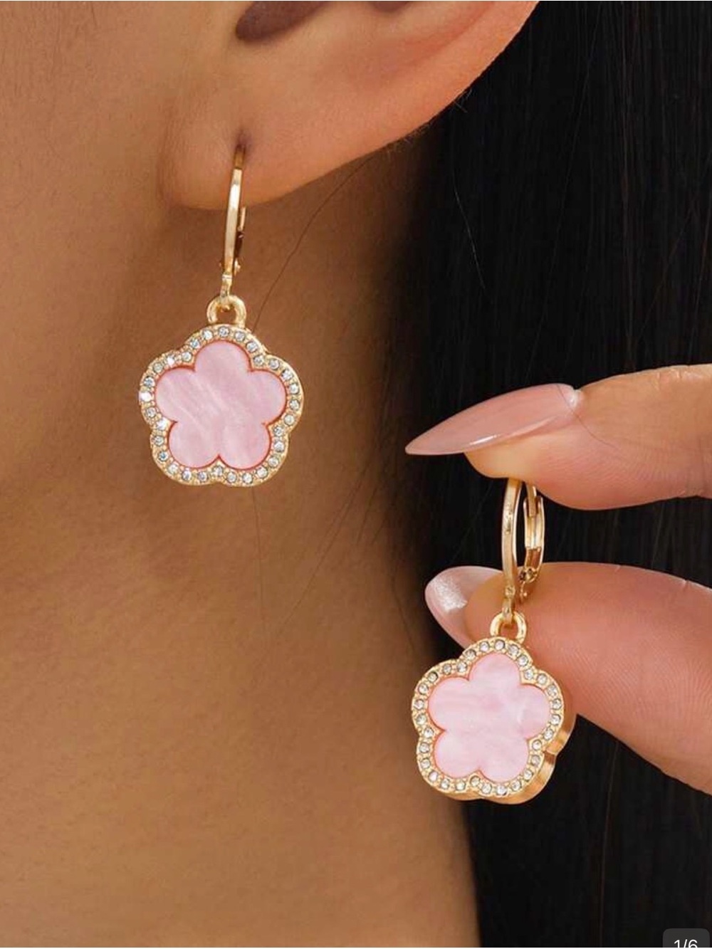 Gold Pink Clover Drop Earrings - Elegant Floral Hoop Dangles